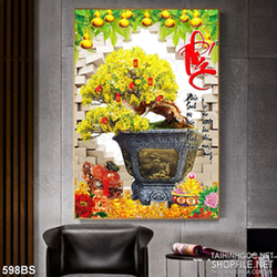 Tranh chậu bonsai in 3d mai vàng bên chữ Phúc treo tường
