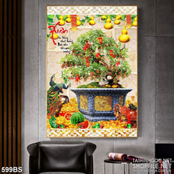 Tranh chậu bonsai wall 3d đôi chim công bên cây sung sai quả