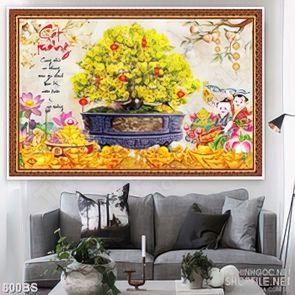 Tranh chậu bonsai mai vàng bên hồ hoa sen hồng khoe sắc in 8d