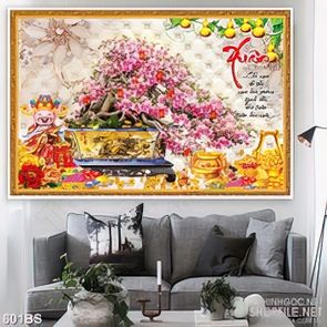 Tranh chậu bonsai in gạch men hoa đào bên thần tài đón xuân