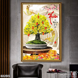 Tranh chậu bonsai phong thủy mai vàng bên chim phượng hoàng