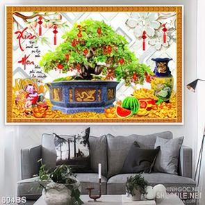 Tranh chậu bonsai decor cây sung sai trĩu quả bên núi kim tiền