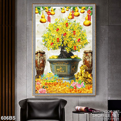 Tranh chậu bonsai in canvas mai vàng nở rộ bên chú dê đúc vàng