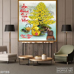 Tranh chậu bonsai treo tường psd mai vàng an khang thịnh vượng