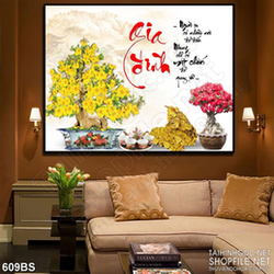 Tranh chậu bonsai mai vàng bên thư pháp gia đình in nghệ thuật