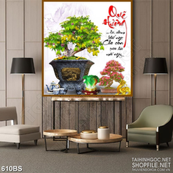 Tranh chậu bonsai in uv cây khế sai quả bên thư pháp quê hương
