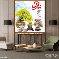 Tranh chậu bonsai wall 3d mai vàng bên chữ thư pháp cội nguồn