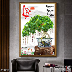 Tranh chậu bonsai cây lộc vừng bên chân núi phủ tuyết in 8d Tranh chậu bonsai cây lộc vừng bên chân núi phủ tuyết in 8d