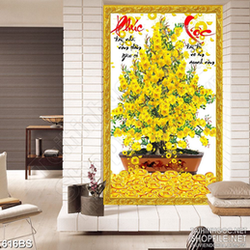 Tranh chậu bonsai phong thủy mai vàng phúc lộc dán tường