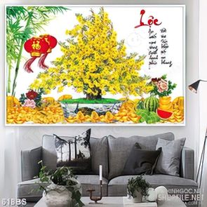 Tranh chậu bonsai decor mai vàng bên lồng đèn kéo quân màu đỏ