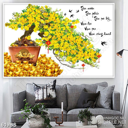 Tranh chậu bonsai in lụa mai vàng bên núi kim tiền treo tường