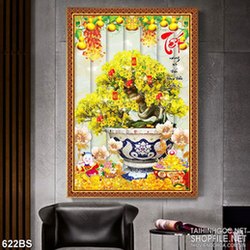 Tranh chậu bonsai mai vàng chúc tết bên tiểu linh đồng in 5d