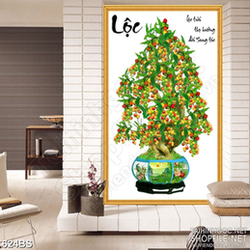 Tranh chậu bonsai cây sung trĩu quả bên chữ Lộc đón xuân in uv