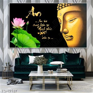 Tranh ghép decor tượng vàng Phật Di Lặc bên hồ hoa sen