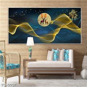 Tranh ghép in uv ánh trăng tròn phía sau  hai chú hươu con