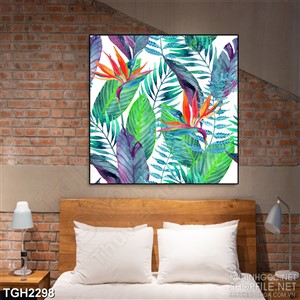 Tranh ghép in 5d những bông hoa chọi gà dưới tán lá xanh