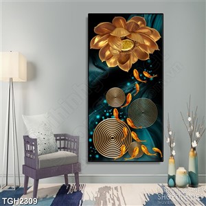 Tranh ghép in uv bông hoa sen dáp vàng trong hồ cá chép