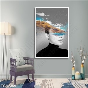 Tranh ghép in 3d khuôn mặt cô gái sau những dãy núi dài