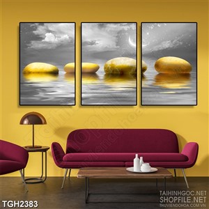 Tranh ghép những hòn đá cuội ánh vàng trên mặt nước in 3d