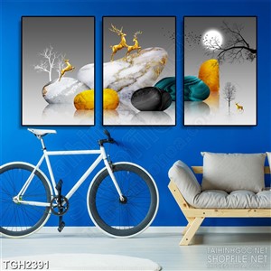 Tranh ghép đàn hươu dáp vàng và những hòn đá cuội in 3d