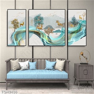 Tranh ghép trang trí làn màu xanh trong suốt và đàn hươu