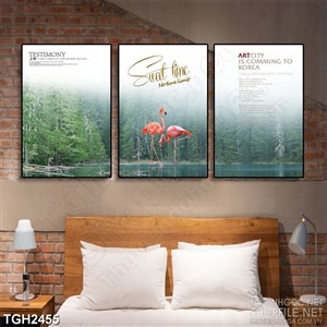 Tranh ghép in 3d hai chú cò hồng trên dòng sông bên rừng