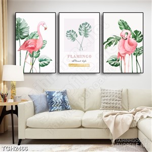 Tranh ghép đôi cò màu hồng bên những tán lá xanh in 5d