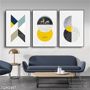 Tranh ghép nghệ thuật hình tròn và hai chú hươu bên bờ sông