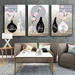 Tranh ghép nghệ thuật cành hoa anh đào cắm trong bình gốm