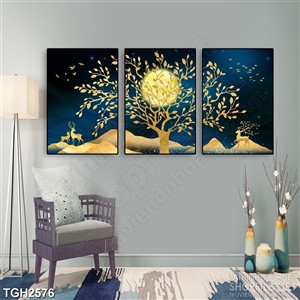 Tranh ghép in canvas chiếc cây lá vàng bên vầng trăng tròn