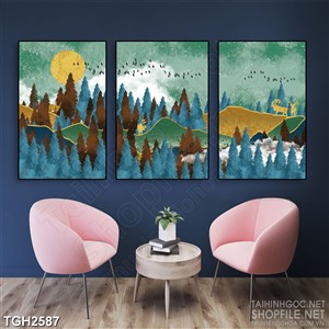 Tranh ghép decor ngọn núi trùng điệp bao trùm nhiều cây xanh