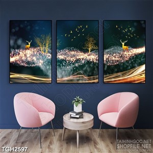 Tranh ghép in uv khu rừng hươu lấp lánh những đóm sáng vàng