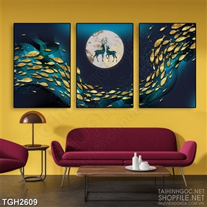 Tranh ghép nghệ thuật đàn cá voi xanh bên ánh trăng dáp vàng