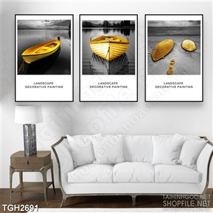 Tranh ghép decor chiếc thuyền màu vàng trên dòng sông buồn