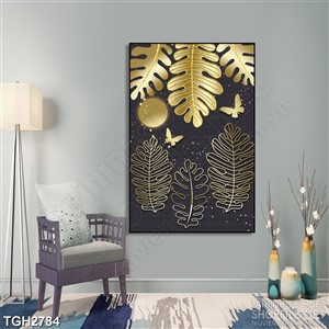 Tranh ghép in canvas chiếc lá và đàn bướm bên ánh trăng vàng
