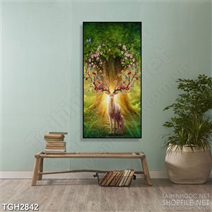 Tranh ghép rừng hoa khoe sắc trên sừng của chú hươu in 5d