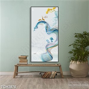 Tranh ghép trang trí hai chú hươu trên những ngọn núi cao