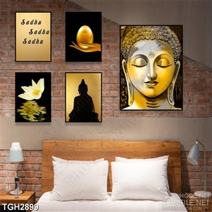 Tranh ghép psd Phật Di Lặc bên bông sen trắng và trứng vàng