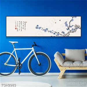 Tranh ghép nghệ thuật cành đào bên chữ thư pháp dán tường