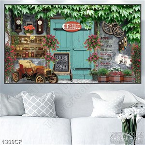 Tranh cà phê tán lá xanh rì trước hiên đầy hoa tươi in canvas