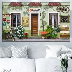 Tranh cà phê in 3d chậu hoa hồng trắng trước sân quán nước