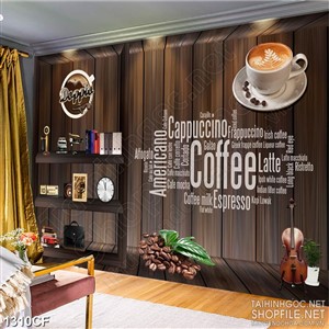Tranh cà phê in canvas ly cappuccino thơm ngon bên cây ghita