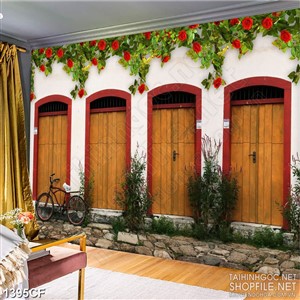 Tranh cà phê decor những cánh cửa gỗ màu vàng  và chiếc xe đạp