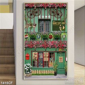 Tranh cà phê decor quán cà phê hai gác màu xanh trồng đầy hoa