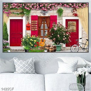 Tranh cà phê decor những cánh cửa màu đỏ bên chiếc đàn ghita