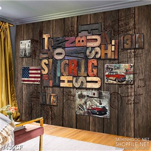 Tranh cà phê decor những chữ cái nhiều màu sắc trên tường gỗ