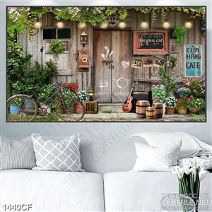 Tranh cà phê in canvas dàn cây lá xanh trên mái hiên ngôi nhà gỗ