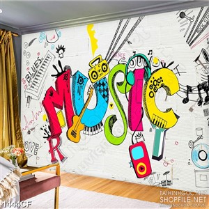 Tranh cà phê 3d dòng chữ music nhiêu màu sắc trên bức tường