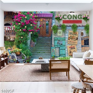 Tranh cà phê in canvas bụi hoa giấy bên cánh cổng đóng kính cửa