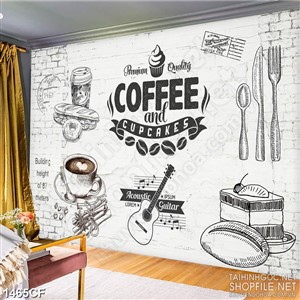 Tranh cà phê decor chiếc bánh mì bên tách cà phê sữa thơm ngon